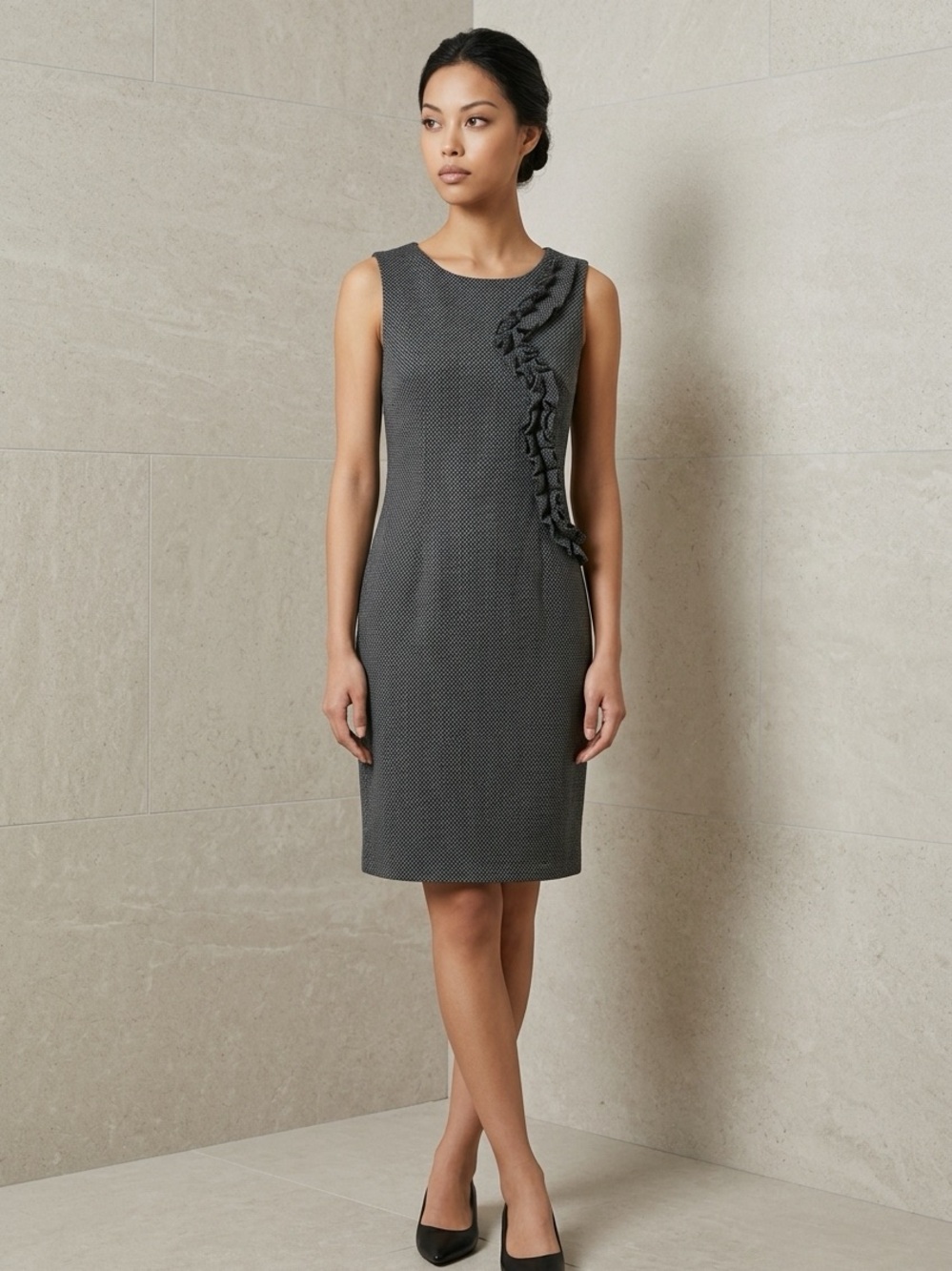Hem & Thread Charcoal Textured Ruffle-Trim Sleeveless Midi Dress